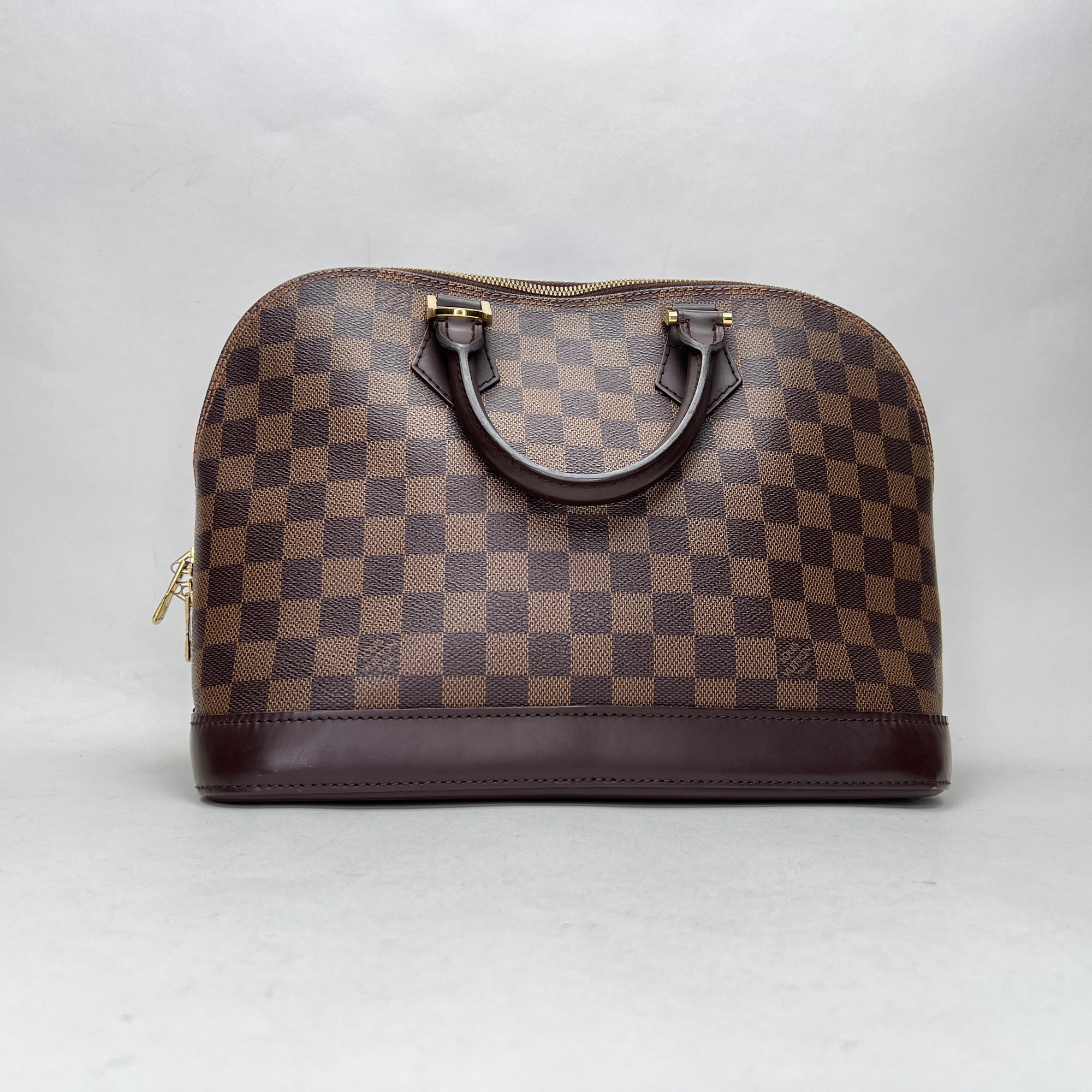 Damier Ebene Alma PM Brown Top Handle Bag in Coated Canvas, Gold hardware