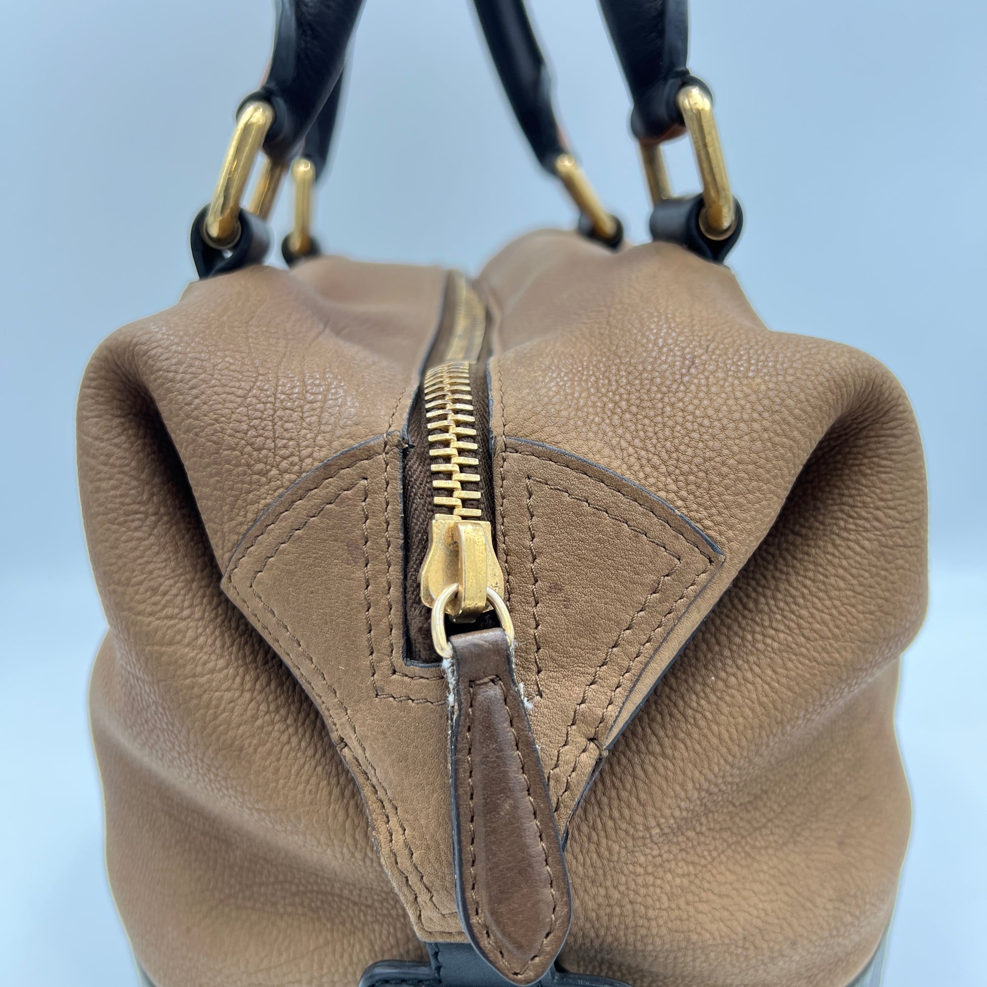 Racer Stripe Boston Brown Top Handle Bag in Calfskin, Gold hardware