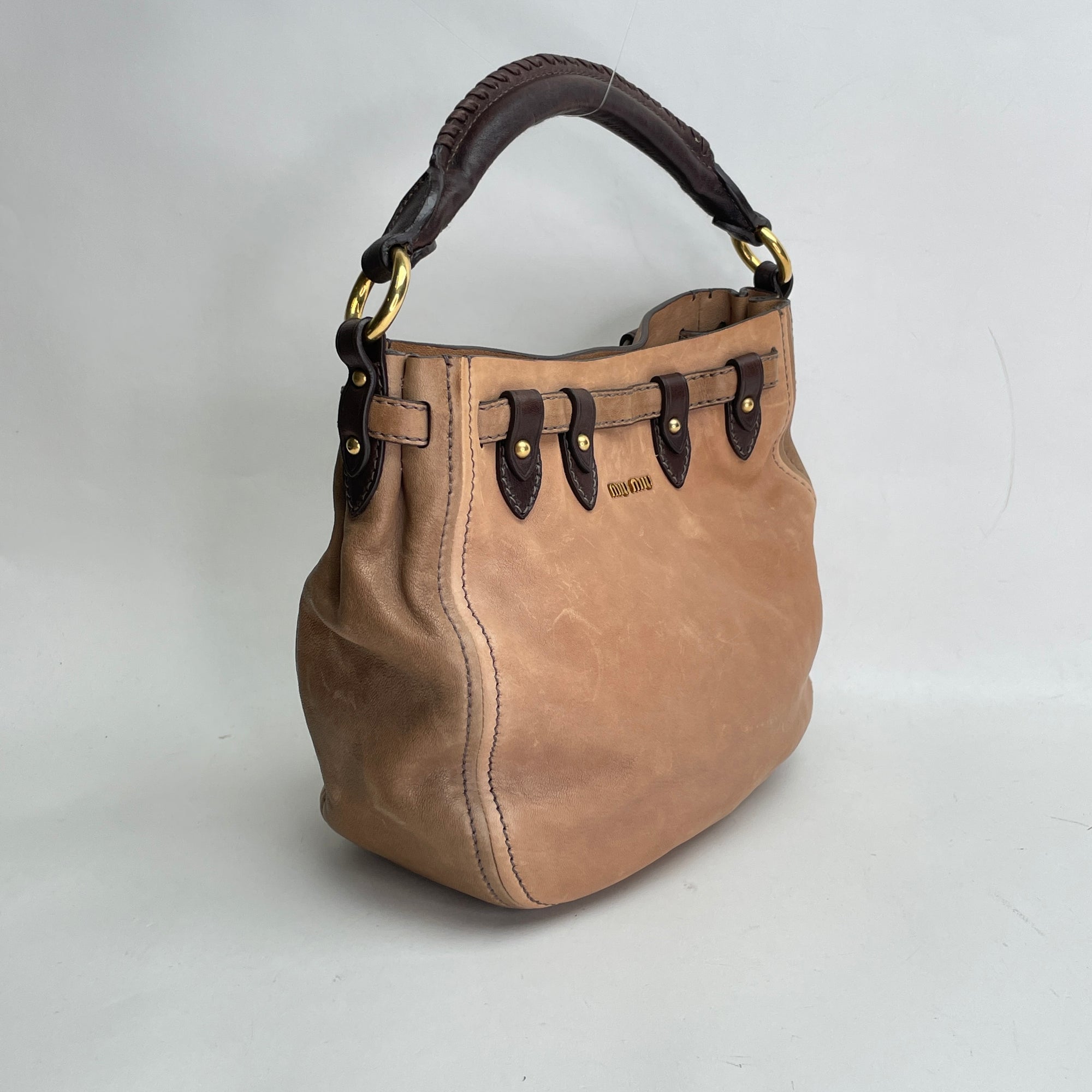 Two Way Bucket Brown Crossbody Bag in Calfskin, Gold hardware