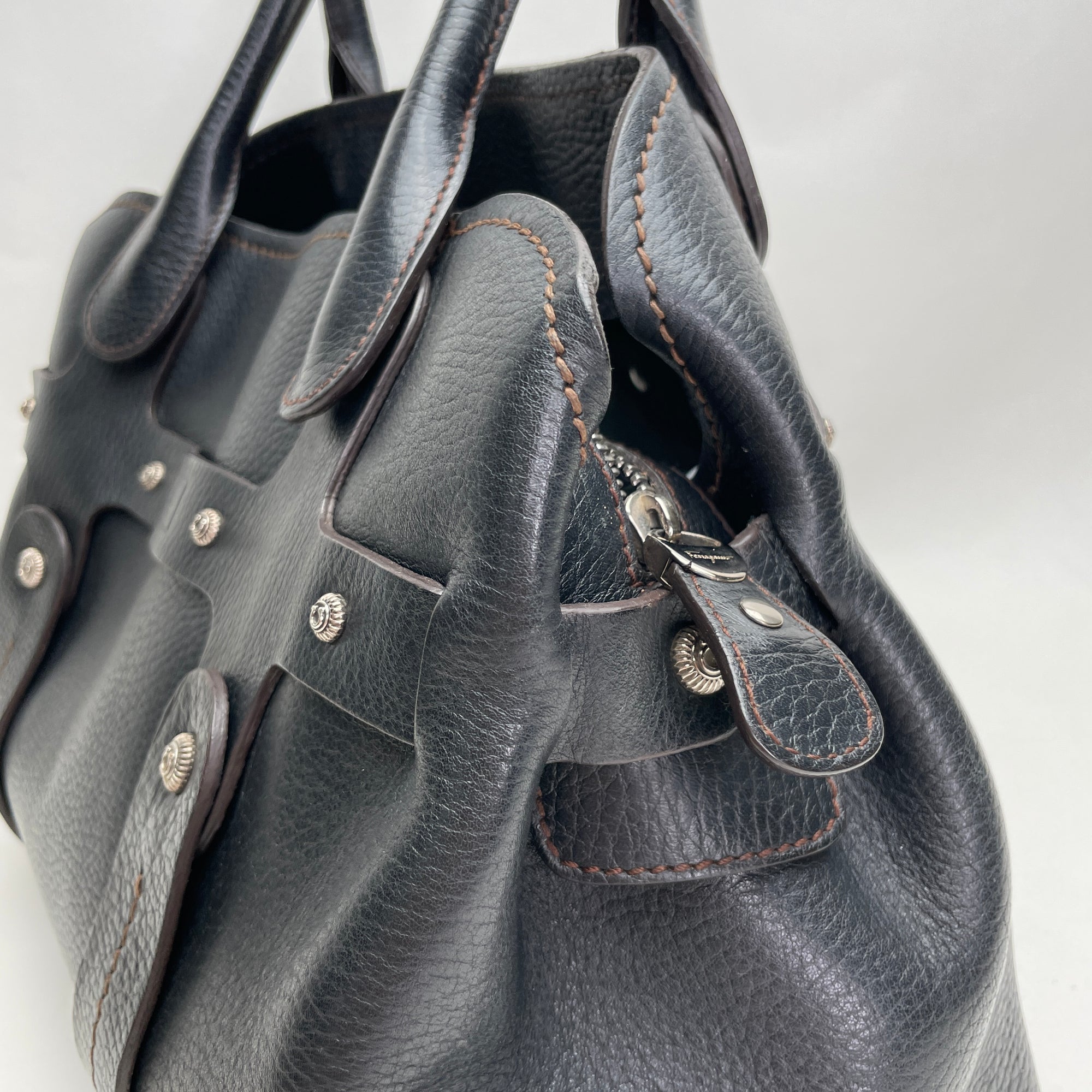 Shoulder Black Top Handle Bag in Calfskin, Silver hardware