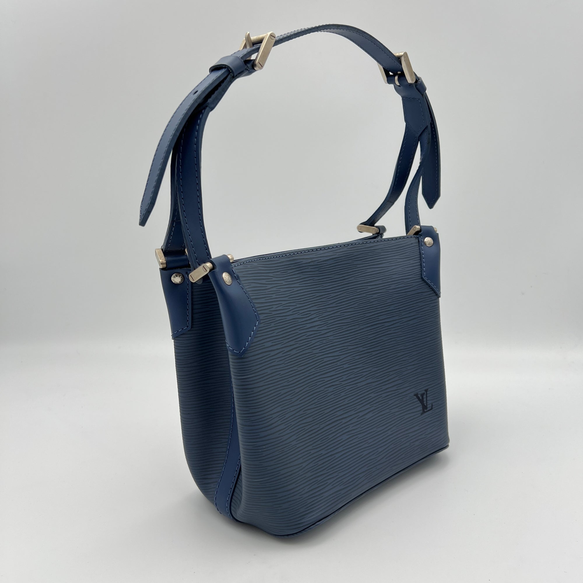 Mandara Blue Top Handle Bag in Epi Leather, Brushed Silver hardware