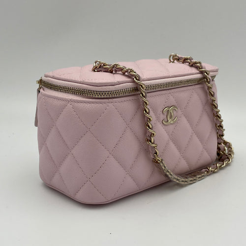 Quilted Pink Vanity Bag in Caviar Leather, Light Gold hardware