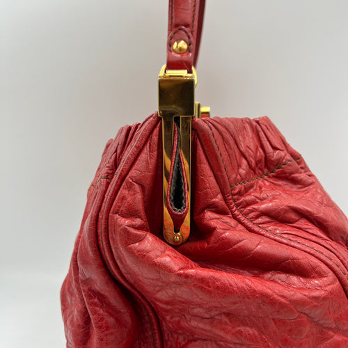 Vitello Lux Frame Red Top Handle Bag in Distressed Leather, Gold hardware