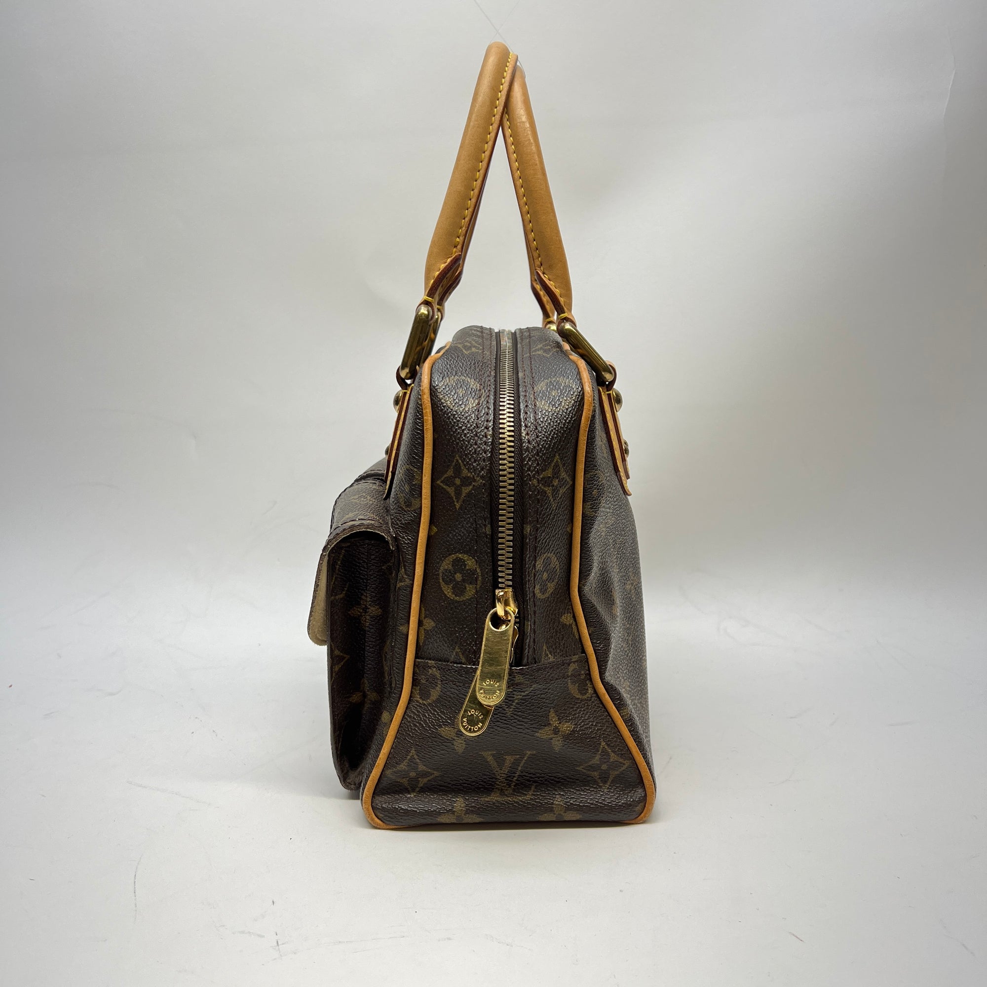 Manhattan PM Brown Top Handle Bag in Monogram Coated Canvas, Gold hardware