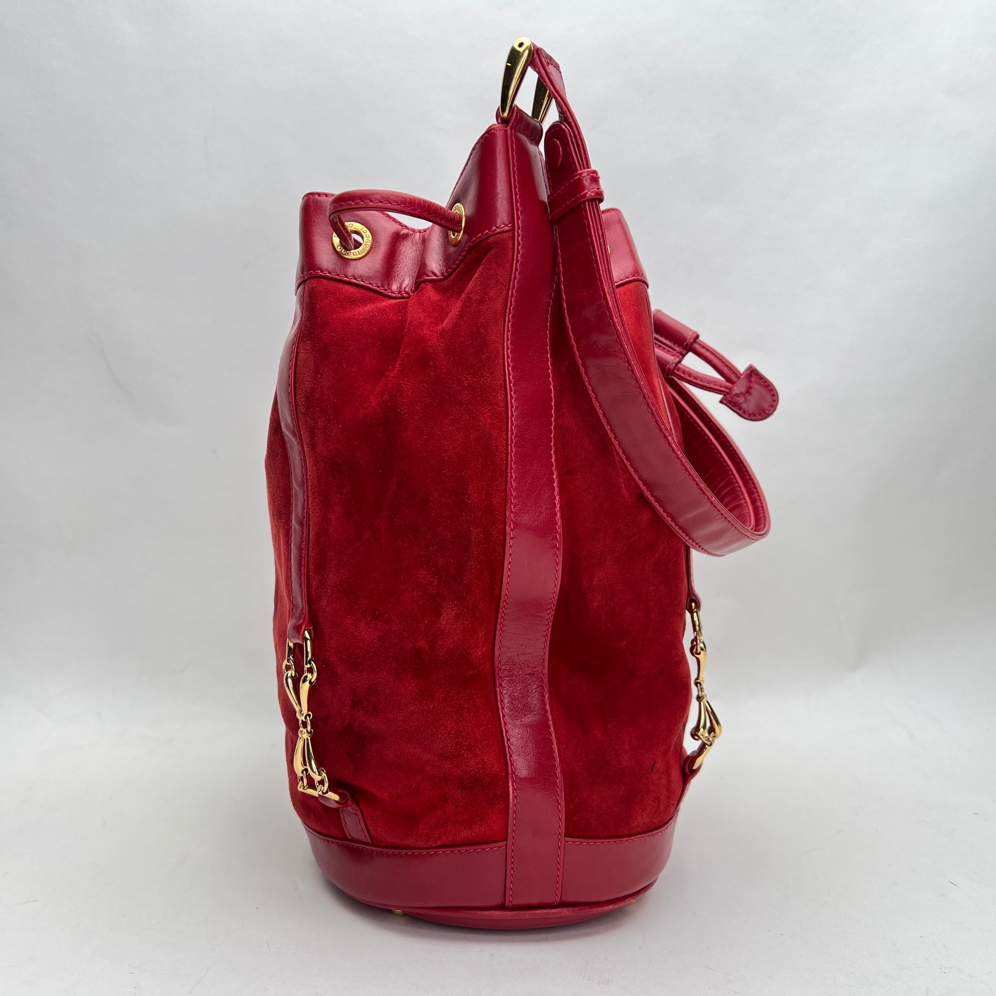 Vintage Red Bucket Bag in Suede Leather, Gold hardware