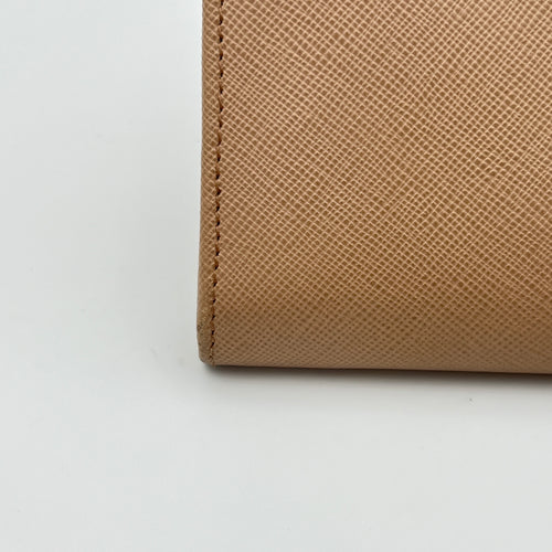 Logo Long Beige Wallet in Saffiano Leather, Gold hardware