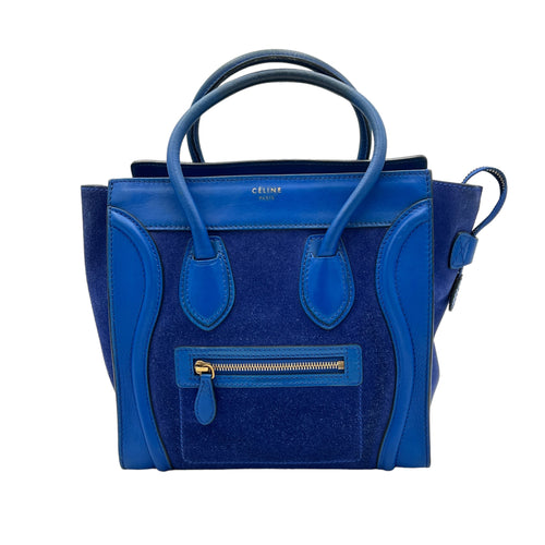 Luggage Micro Blue Top Handle Bag in Suede Leather, Gold hardware