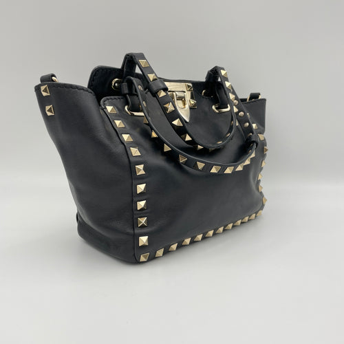 Rockstud Black Top Handle Bag in Calfskin, Silver hardware