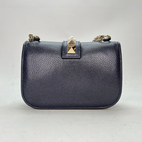 Rockstud Glam Lock Navy Crossbody Bag in Calfskin, Light Gold hardware