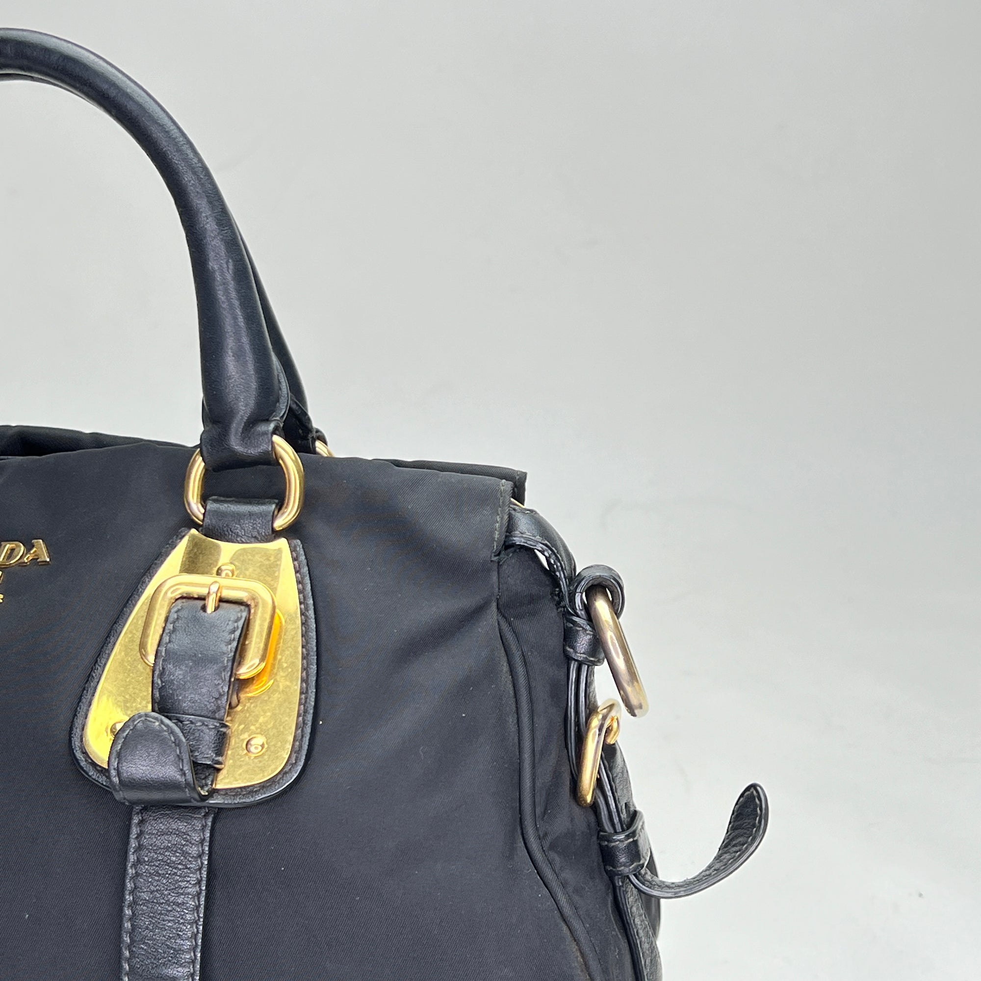 Satchel Black Top Handle Bag in Nylon, Gold hardware