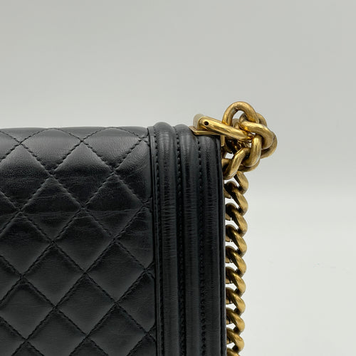 Boy Large Black Shoulder Bag in Lambskin, Gold hardware