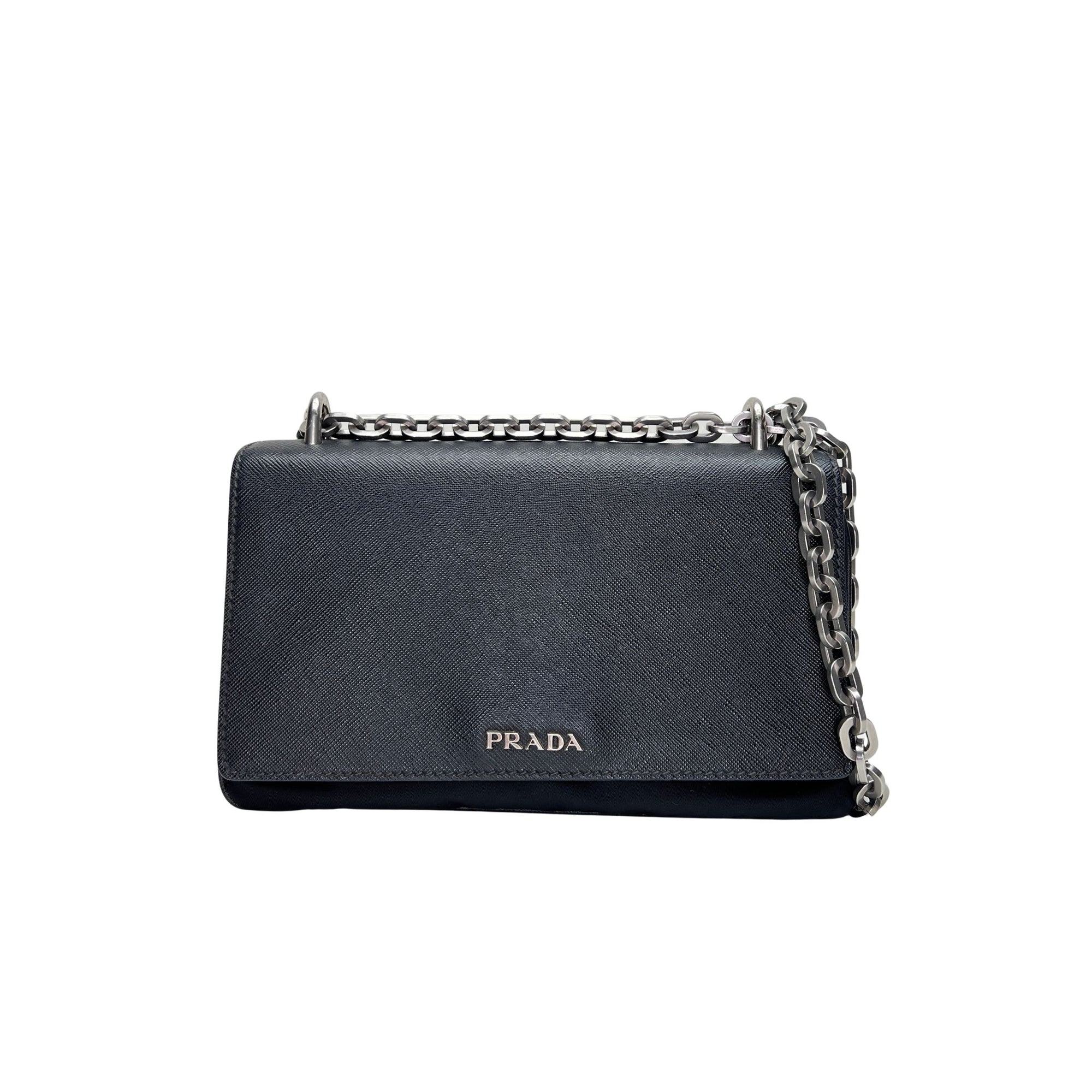 Phenix Black Shoulder Bag in Saffiano Leather, Silver hardware