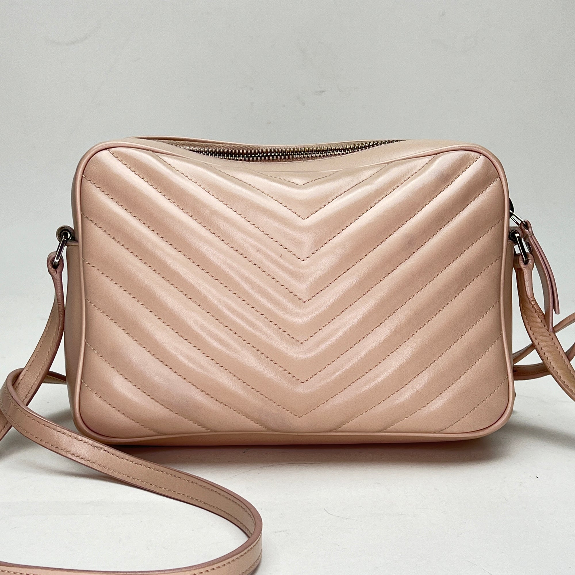 Lou Camera Pink Crossbody Bag in Calfskin, Silver hardware