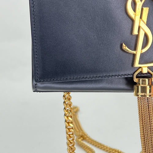 KATE TASSEL Mini Black Wallet on Chain in Calfskin, Gold hardware