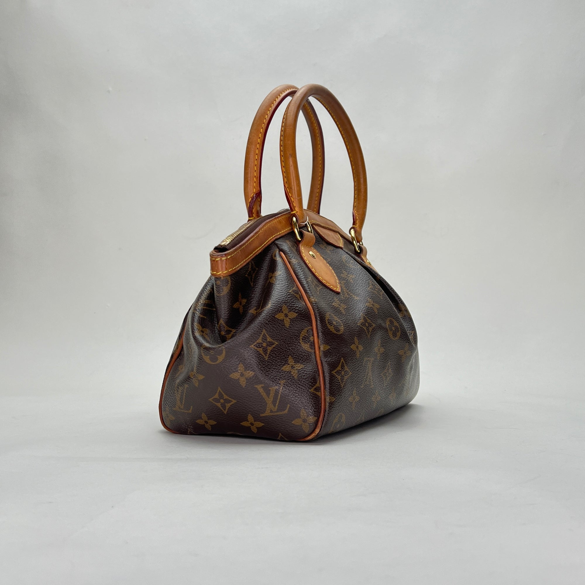 Tivoli PM Brown Top Handle Bag in Monogram Coated Canvas, Gold hardware