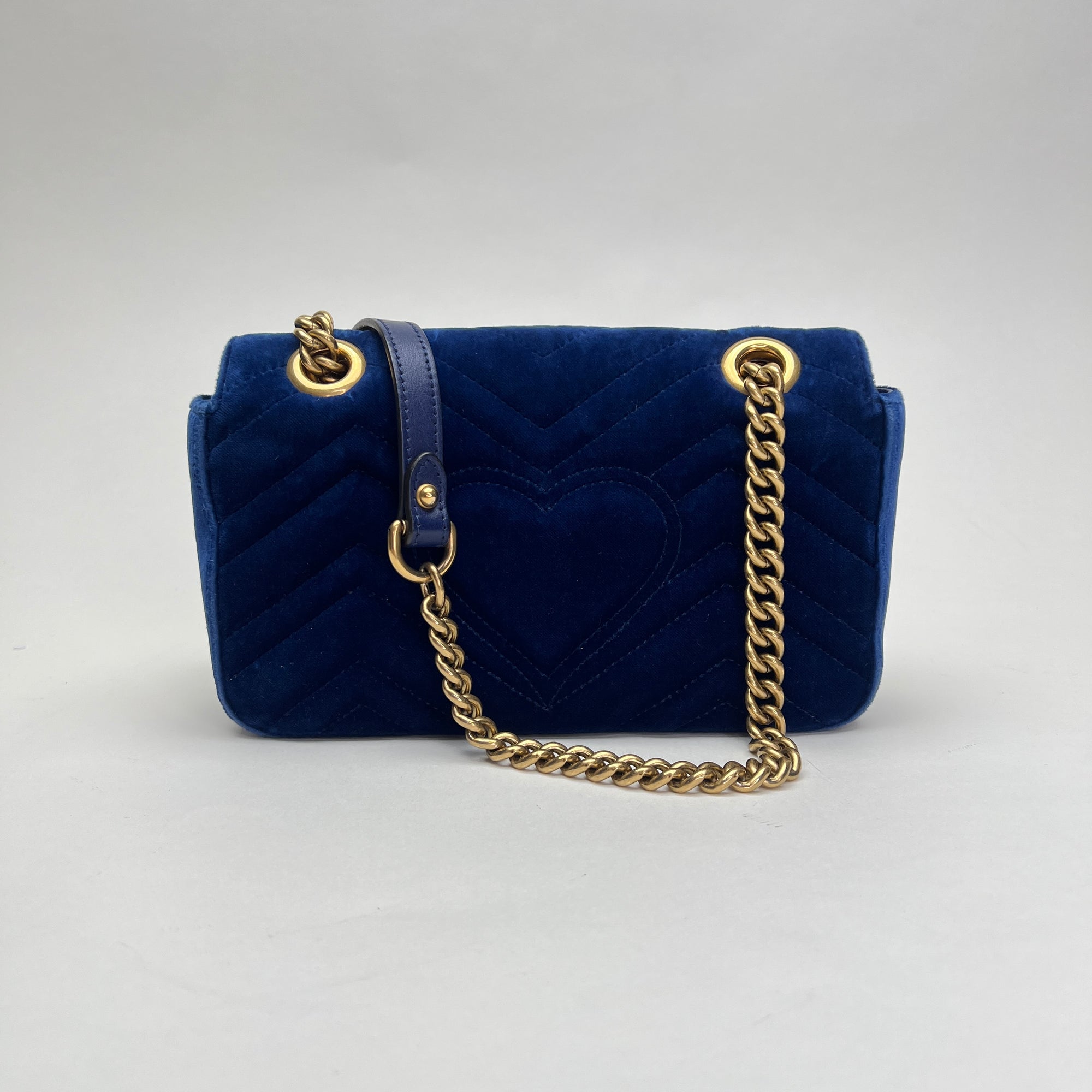 GG Marmont Mini Blue Crossbody Bag in Velvet, Gold hardware