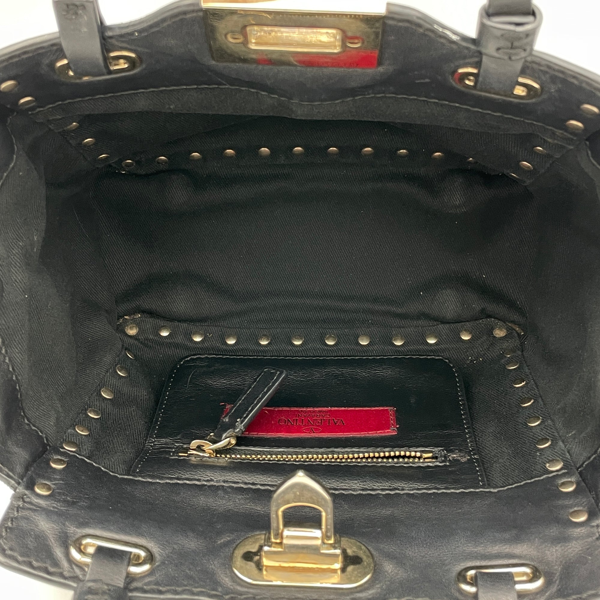 Rockstud Black Top Handle Bag in Calfskin, Silver hardware