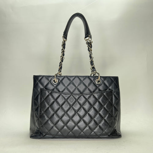 Grand Shopping Black Tote Bag in Caviar Leather, Silver hardware