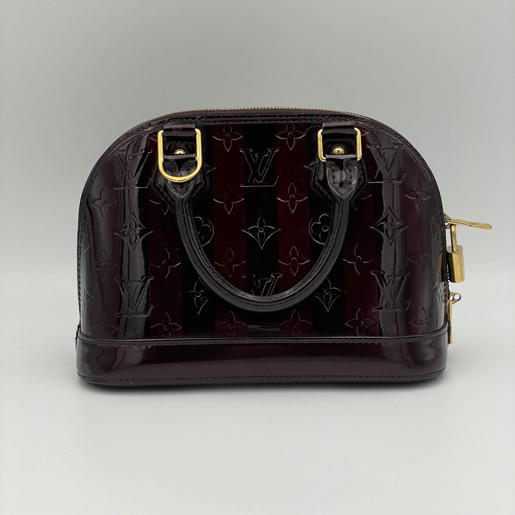 Vernis Alma BB Burgundy Top Handle Bag in Patent Leather, Gold hardware