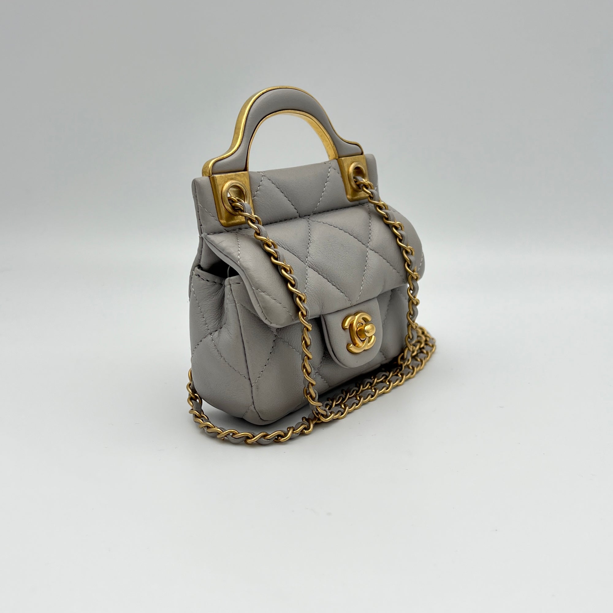 Lady Handle Grey Top Handle Bag in Lambskin, Gold hardware