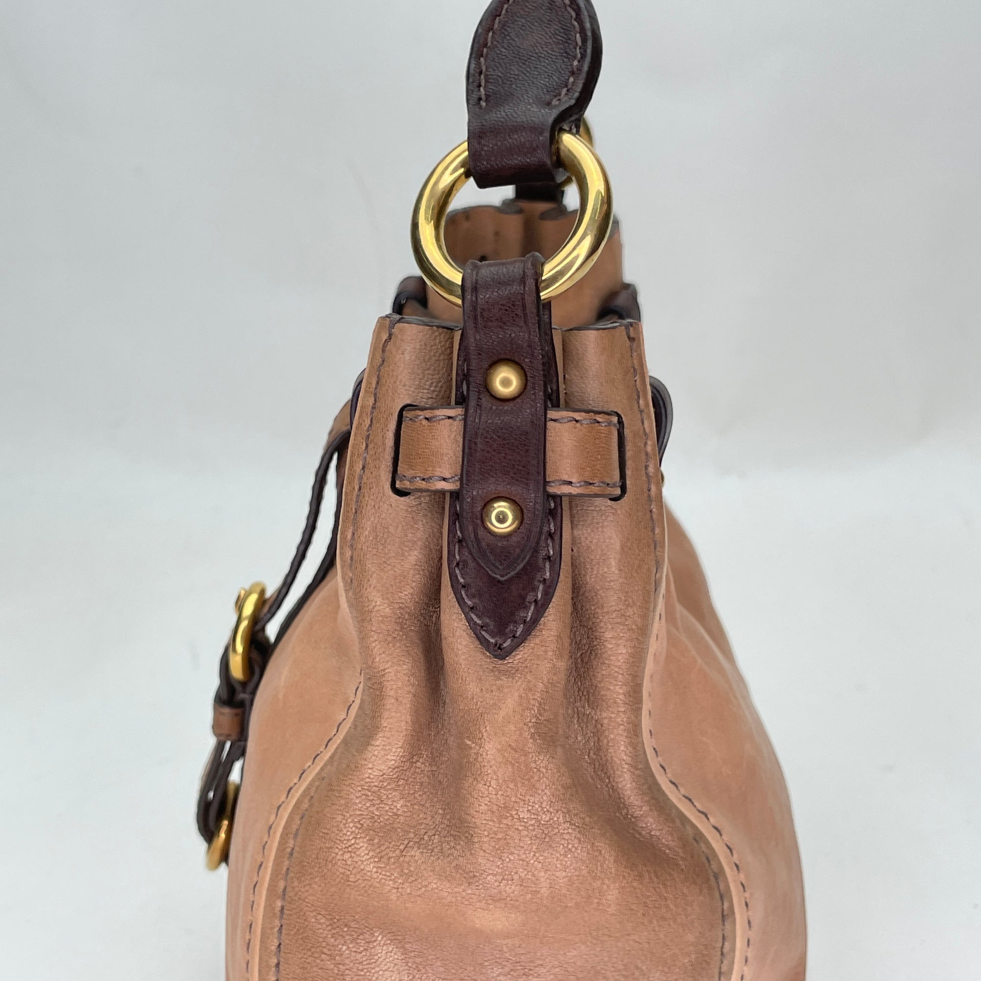 Two Way Bucket Brown Crossbody Bag in Calfskin, Gold hardware