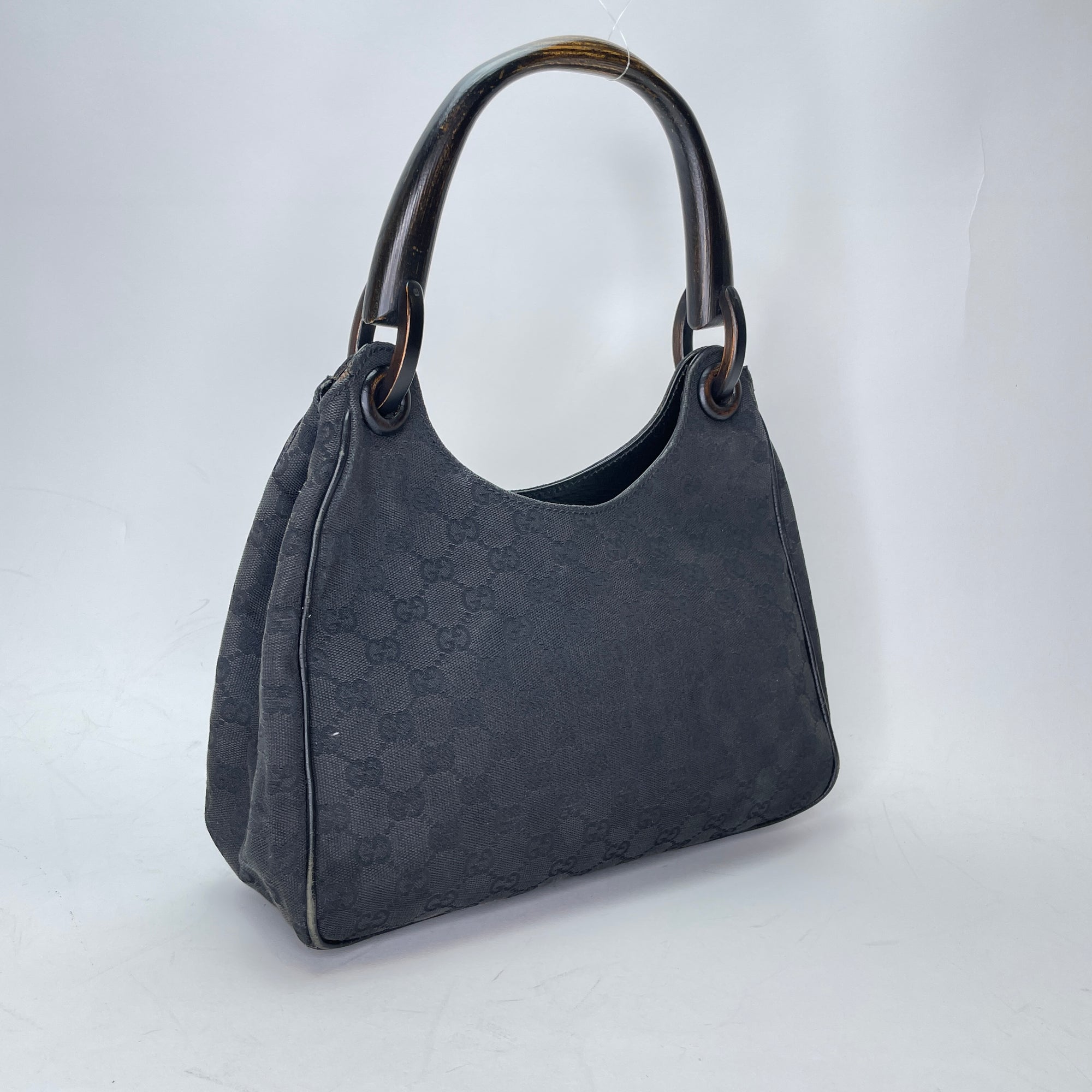 GG Bamboo Black Top Handle Bag in Canvas, Gunmetal hardware