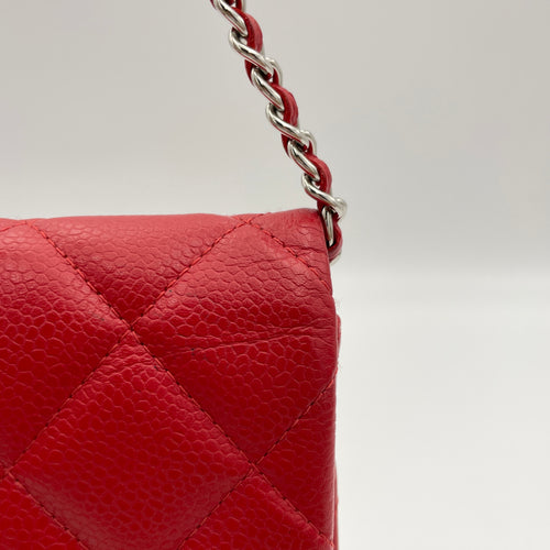 Quilted Chain Red Clutch in Caviar Leather, Silver hardware