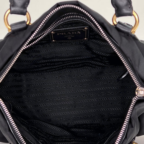 Satchel Black Top Handle Bag in Nylon, Gold hardware