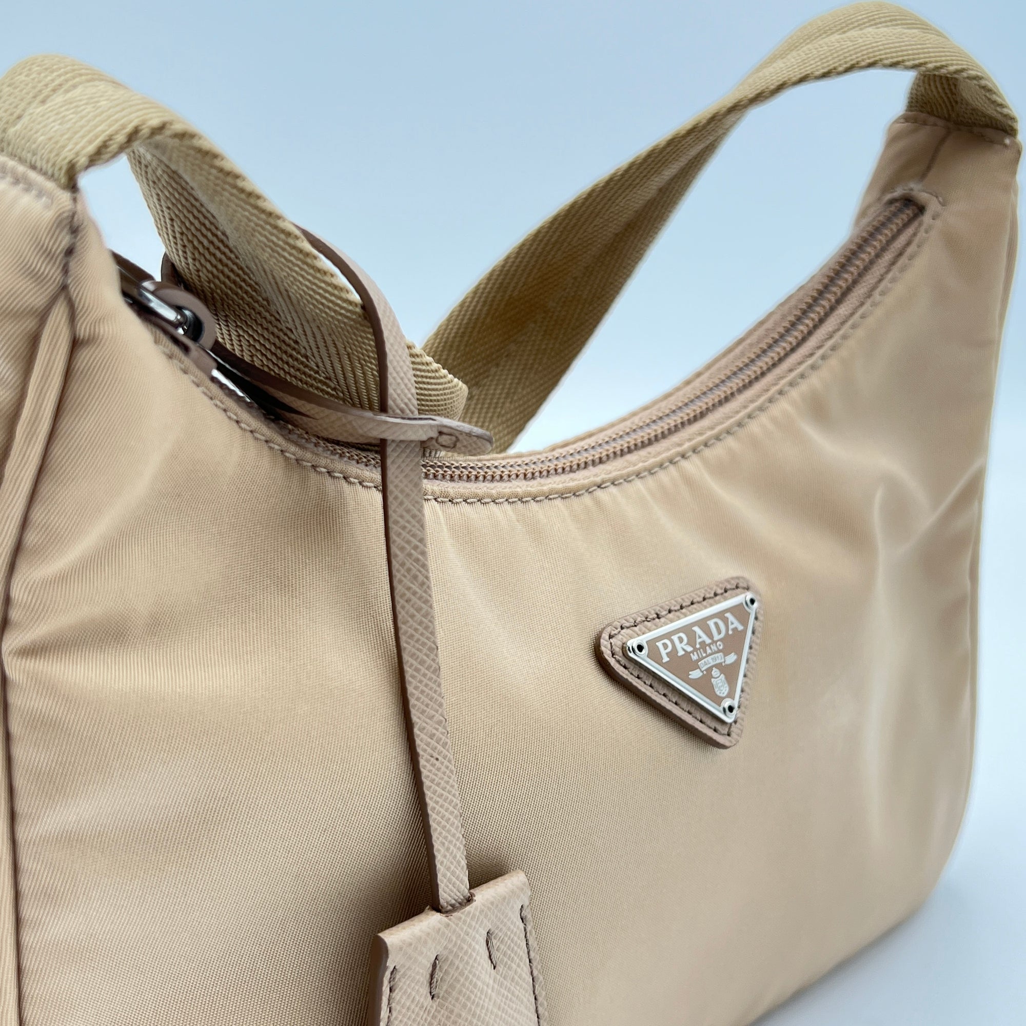 Re-Edition 2000 Beige Shoulder Bag in Re-Nylon, Silver hardware