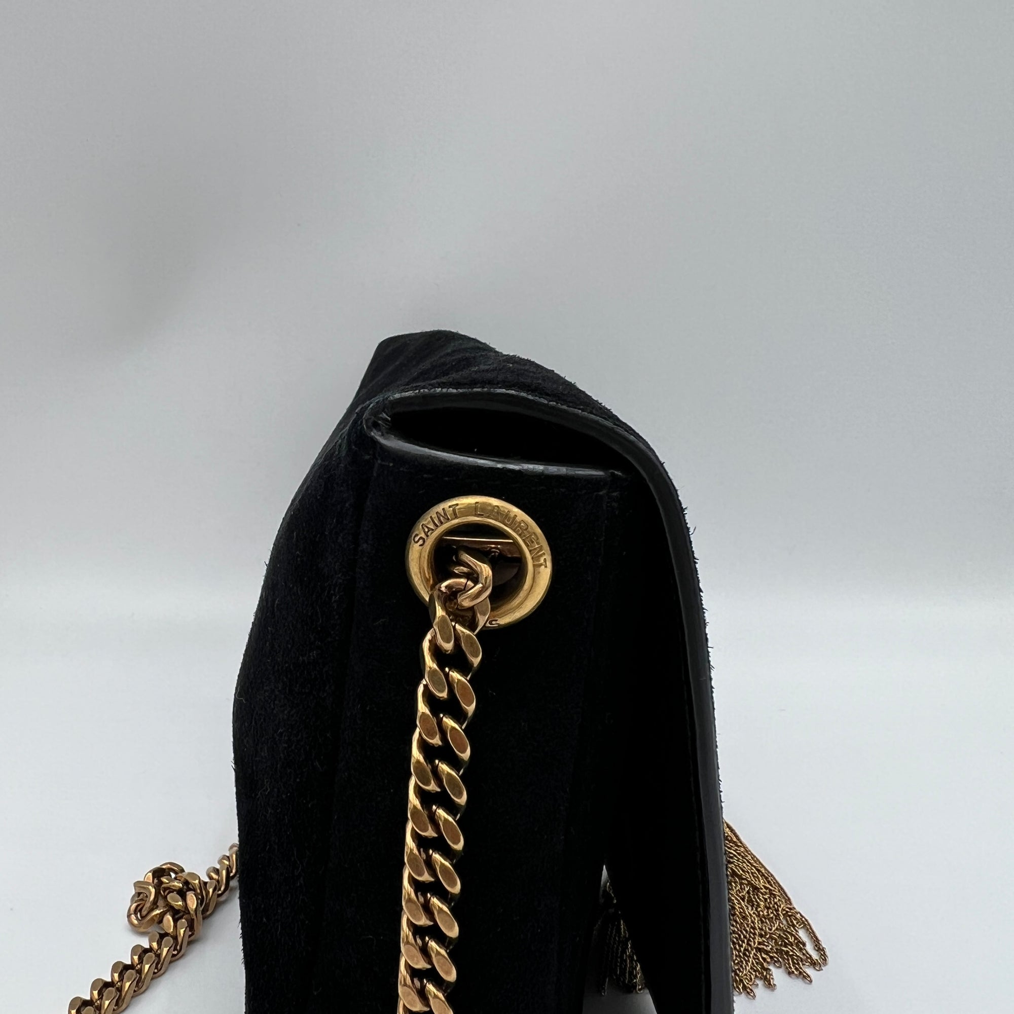 Kate Black Shoulder Bag in Suede Leather, Gold hardware