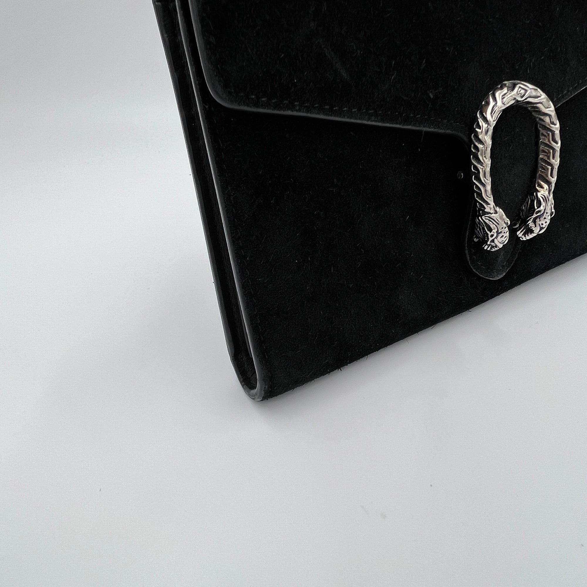 Dionysus Black Wallet on Chain in Suede Leather, Ruthenium hardware