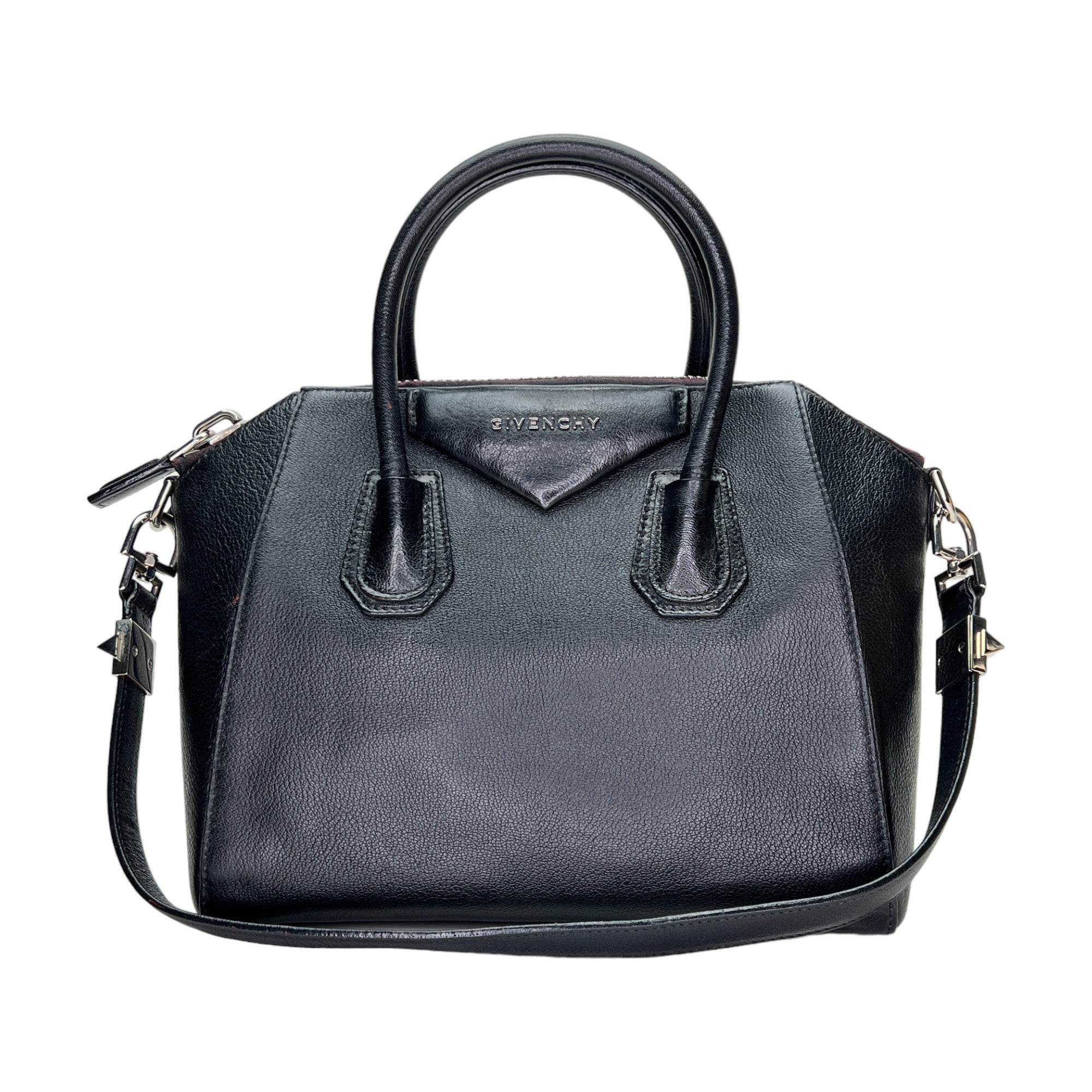 Antigona Small Black Top Handle Bag in Calfskin, Silver hardware