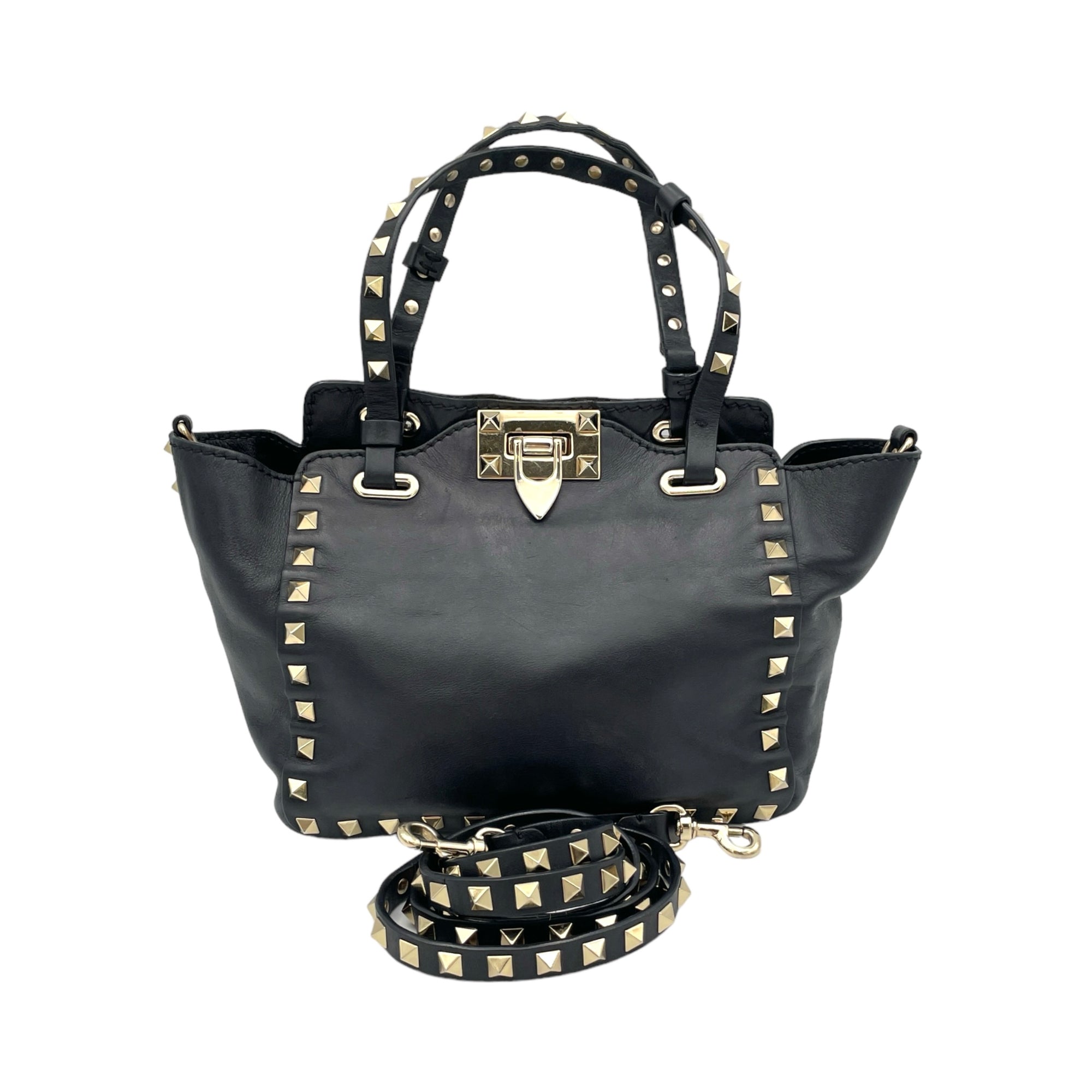 Rockstud Black Top Handle Bag in Calfskin, Silver hardware