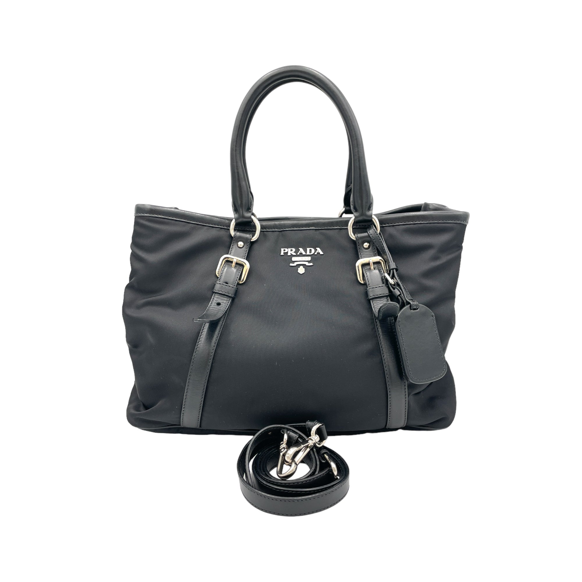 Two-Way Black Top Handle Bag in Nylon, Silver hardware