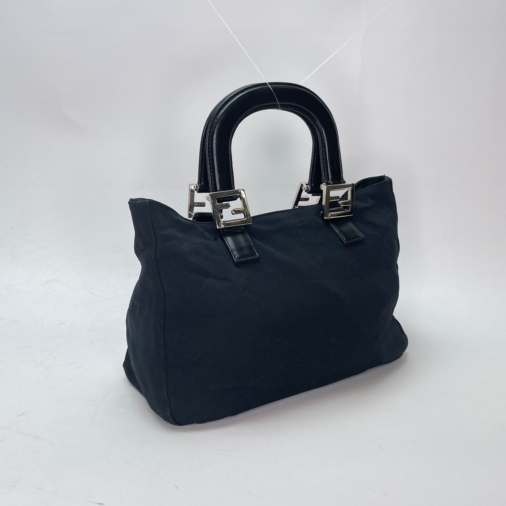 Twin Black Top Handle Bag in Nylon, Silver hardware