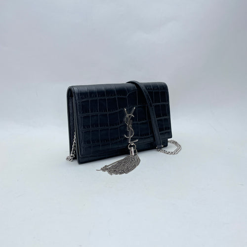 Kate Tassel Small Black Wallet on Chain in Crocodile Embossed Calfskin, Silver hardware