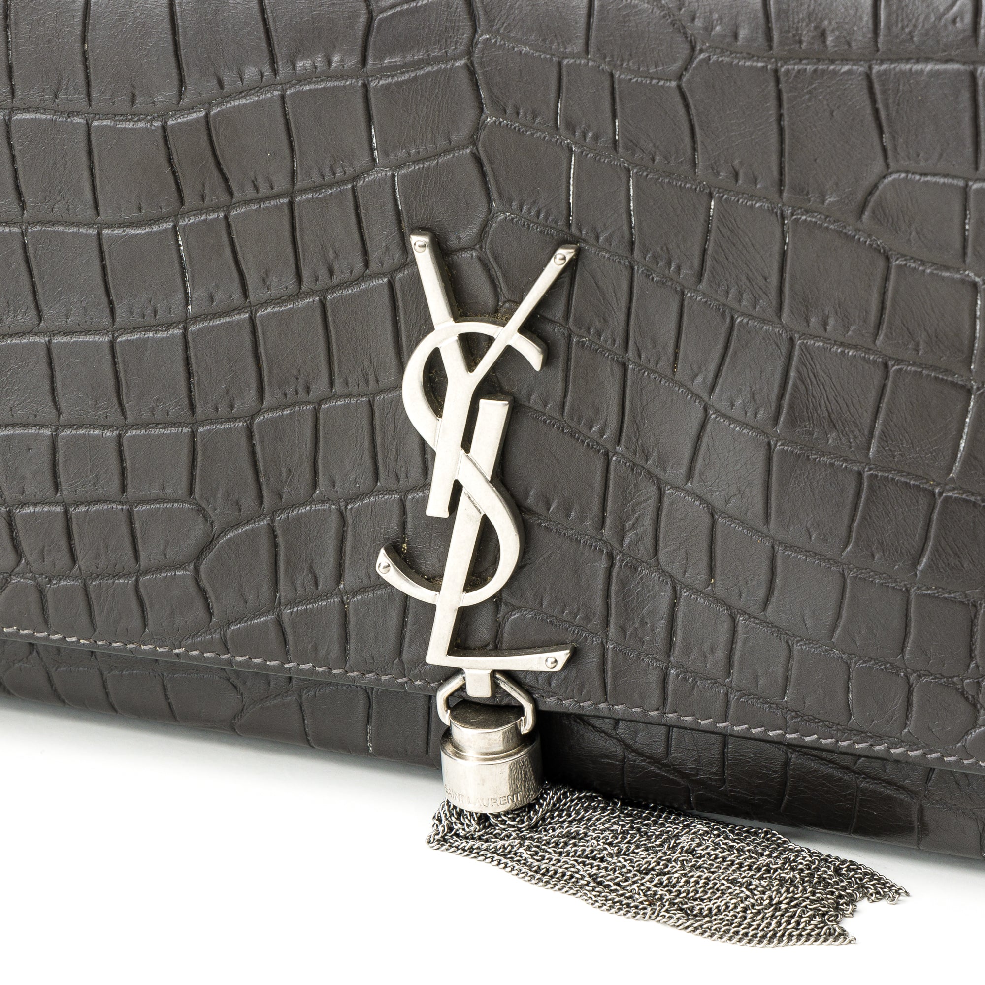 Kate Medium Black Shoulder Bag in Crocodile Embossed Calfskin, Silver hardware