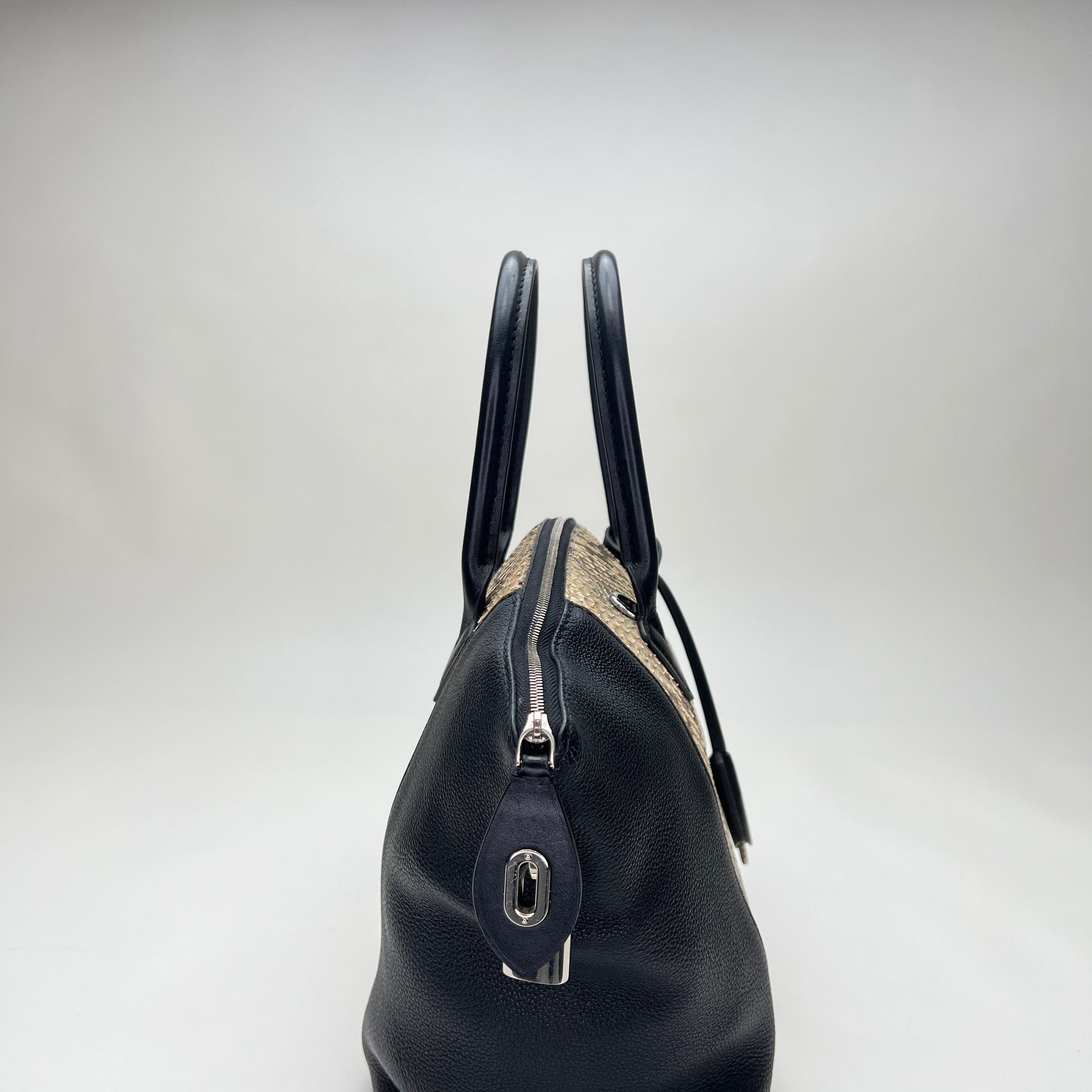 LockIt PM Black Top Handle Bag in Python Leather, Silver hardware