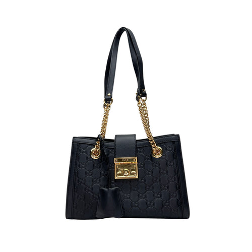 Padlock Small Black Shoulder Bag in Guccissima Leather, Gold hardware