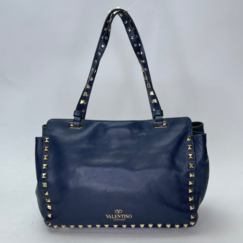 Rockstud Navy Top Handle Bag in Calfskin, Gold hardware