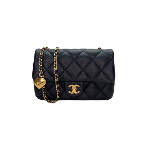 Flap Heart Chain Black Crossbody Bag in Lambskin, Brushed Gold hardware