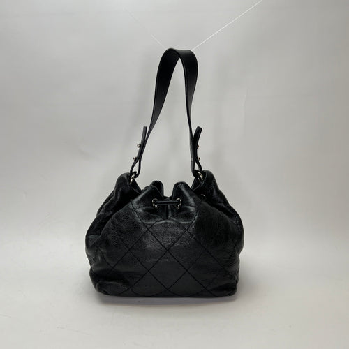 Quilted Drawstring Black Bucket Bag in Calfskin, Silver hardware