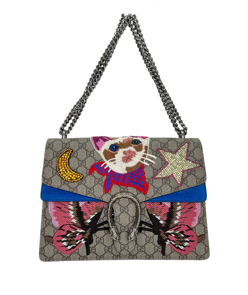 EMBROIDERED CAT & BUTTERFLY CHAIN SHOULDER Blue Shoulder Bag in Coated Canvas, Brushed Silver hardware