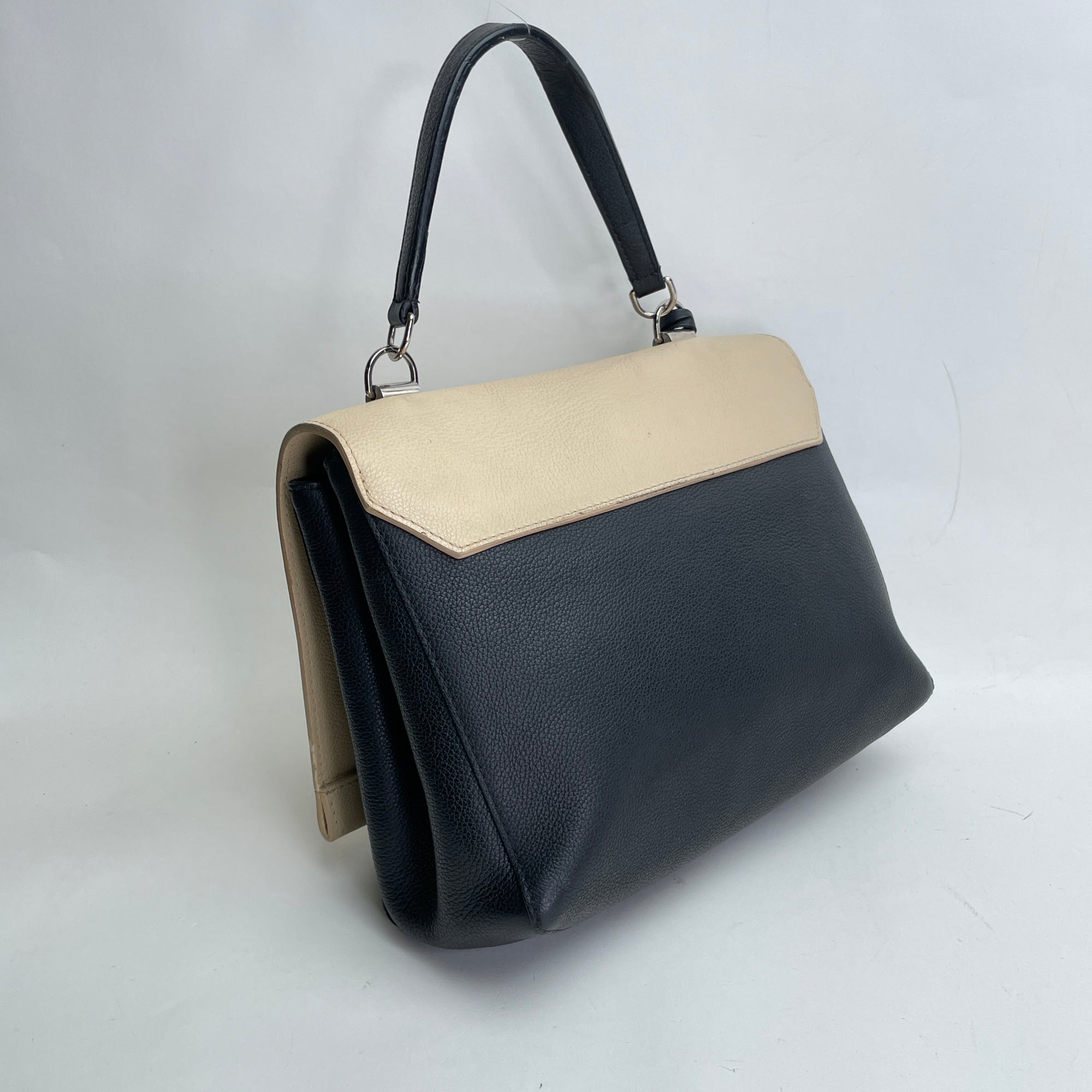 Lockme II Black Top Handle Bag in Calfskin, Silver hardware