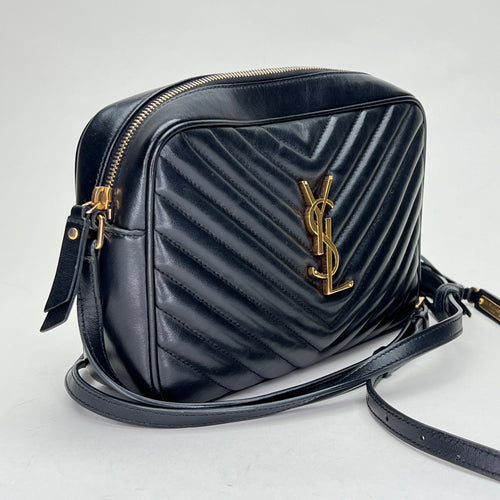 Lou Camera Black Crossbody Bag in Calfskin, Gold hardware