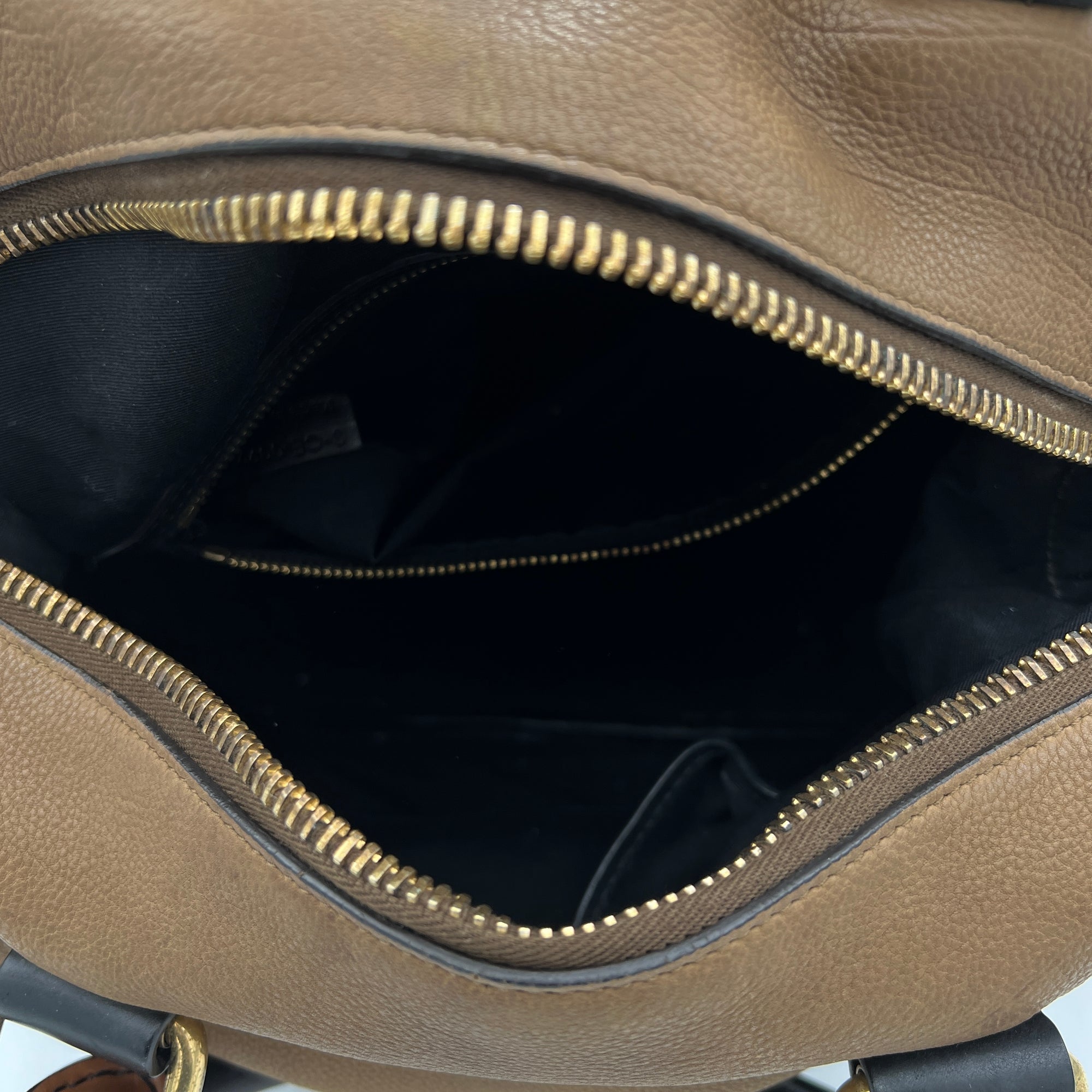 Racer Stripe Boston Brown Top Handle Bag in Calfskin, Gold hardware