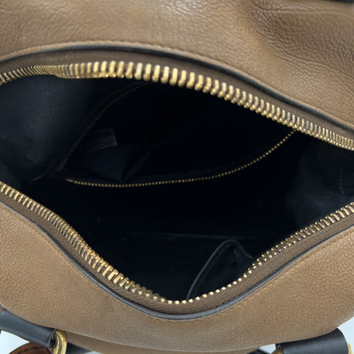 Racer Stripe Boston Brown Top Handle Bag in Calfskin, Gold hardware