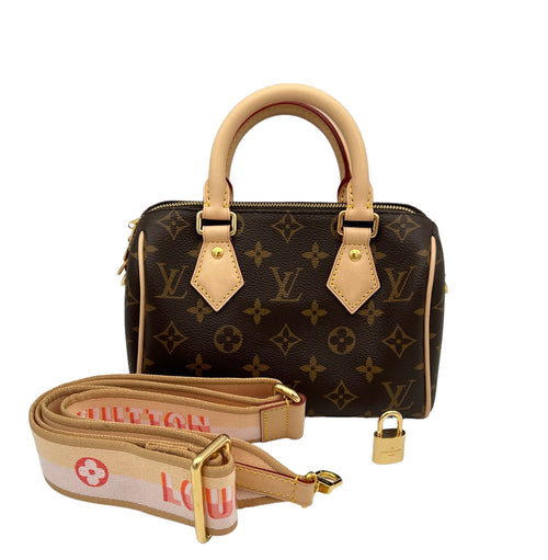 Speedy Bandouliere 20 Brown Top Handle Bag in Monogram Coated Canvas, Gold hardware