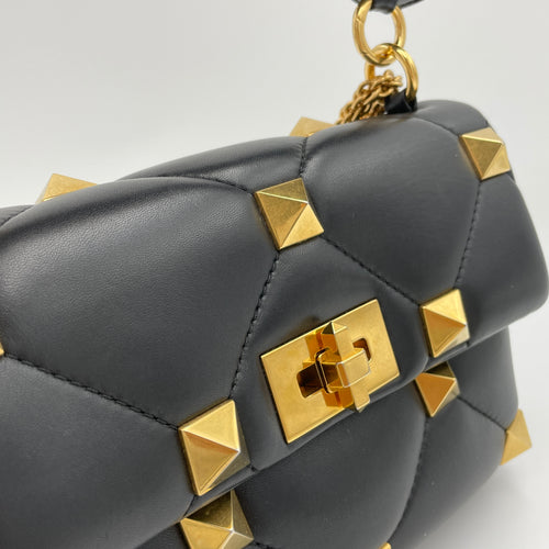 Roman Stud Medium Black Crossbody Bag in Lambskin, Gold hardware