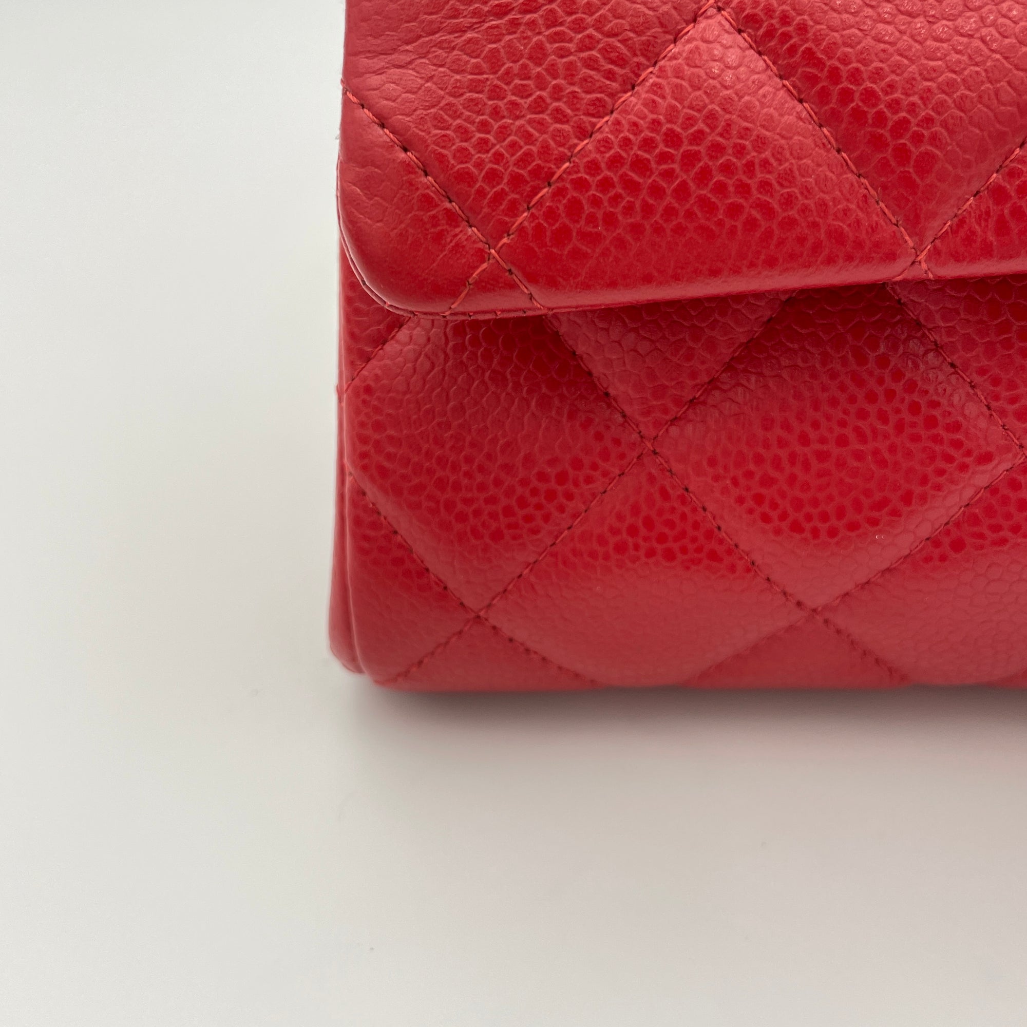 Quilted Chain Red Clutch in Caviar Leather, Silver hardware